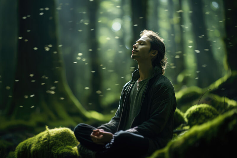 Forest Bathing Individual Immersing In A Dense Forest Environm