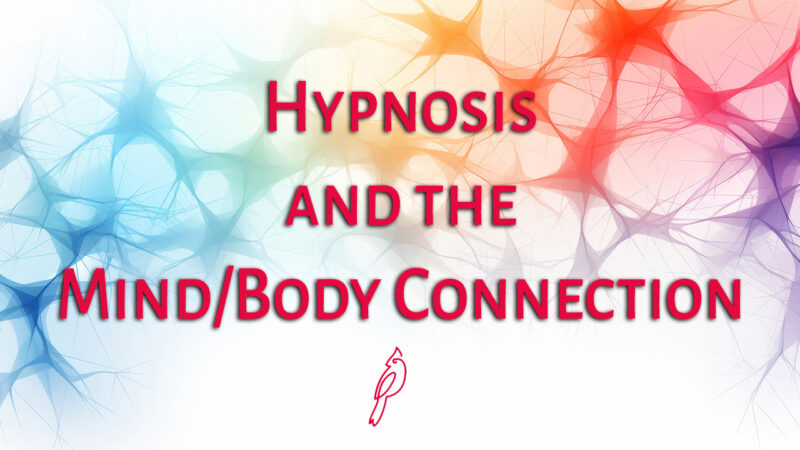 Hypnosis And Mind Body Connection. Rainbow neuron background with video title in red